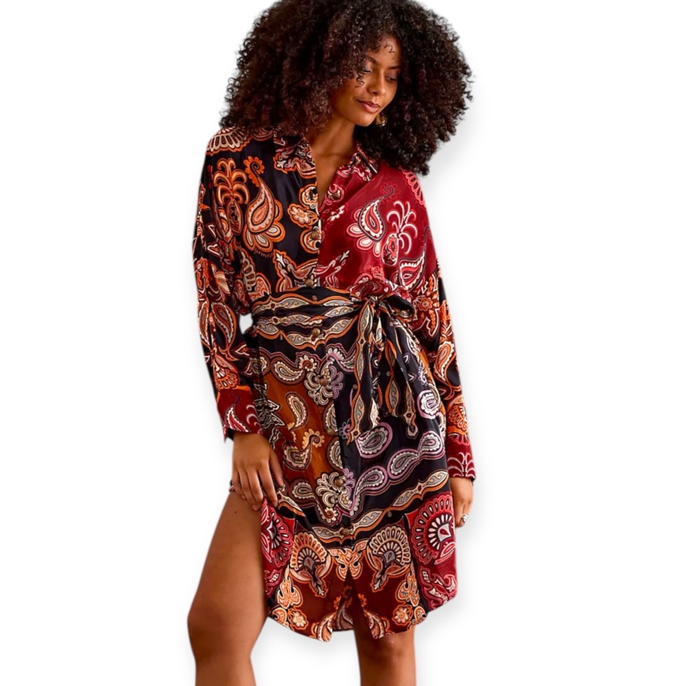 NWT FARM Rio Sweet Mermaids Paisley Long Sleeve Boho Midi Shirt Dress  Medium